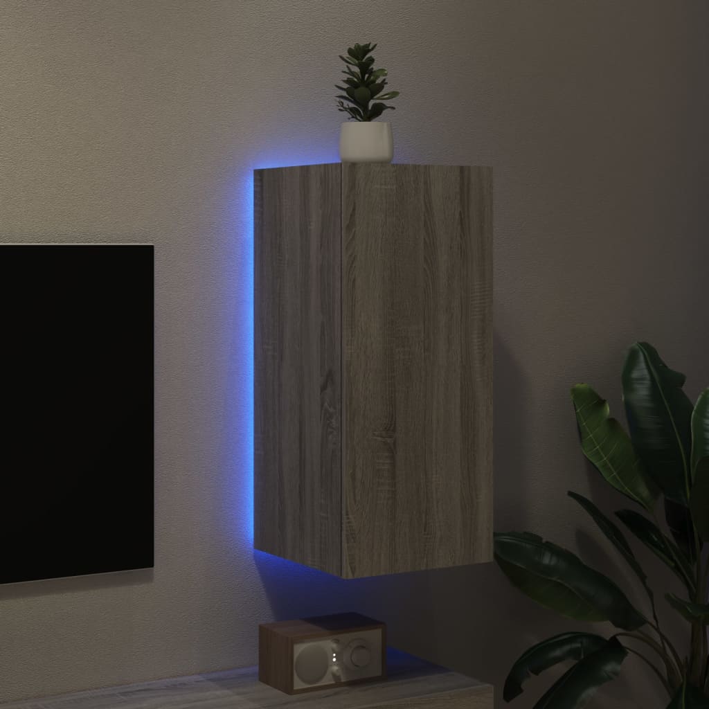 vidaXL TV Wall Cabinet with LED Lights Grey Sonoma 30.5x35x70 cm
