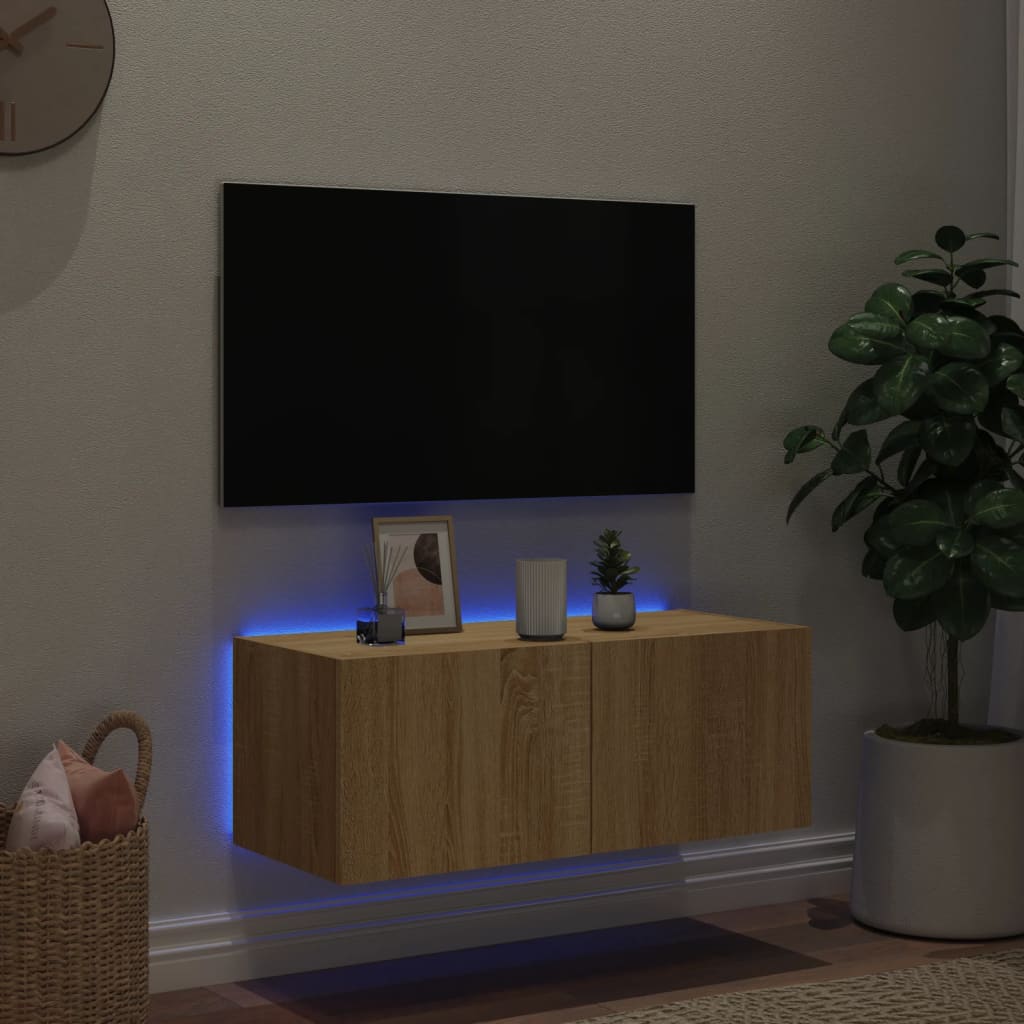 vidaXL TV Wall Cabinet with LED Lights Sonoma Oak 80x35x31 cm