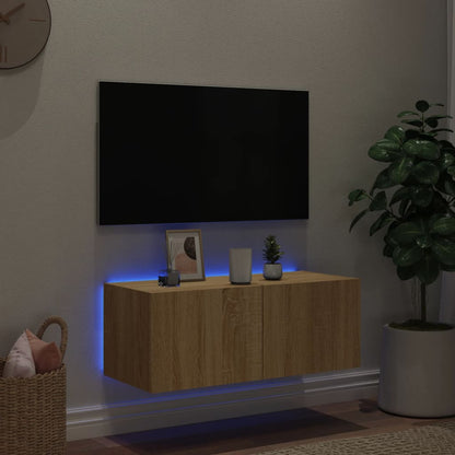 vidaXL TV Wall Cabinet with LED Lights Sonoma Oak 80x35x31 cm