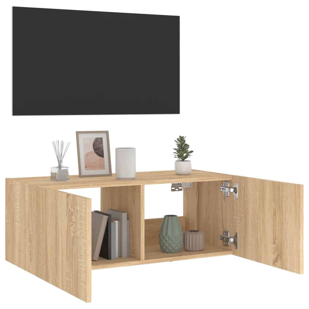 vidaXL TV Wall Cabinet with LED Lights Sonoma Oak 80x35x31 cm