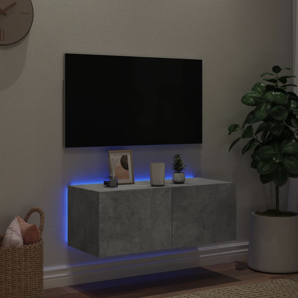vidaXL TV Wall Cabinet with LED Lights Concrete Grey 80x35x31 cm