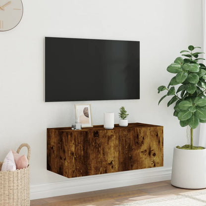 vidaXL TV Wall Cabinet with LED Lights Smoked Oak 80x35x31 cm