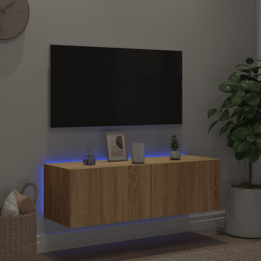 vidaXL TV Wall Cabinet with LED Lights Sonoma Oak 100x35x31 cm