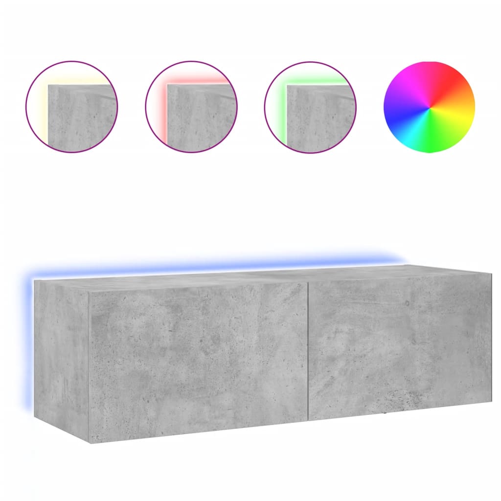 vidaXL TV Wall Cabinet with LED Lights Concrete Grey 100x35x31 cm