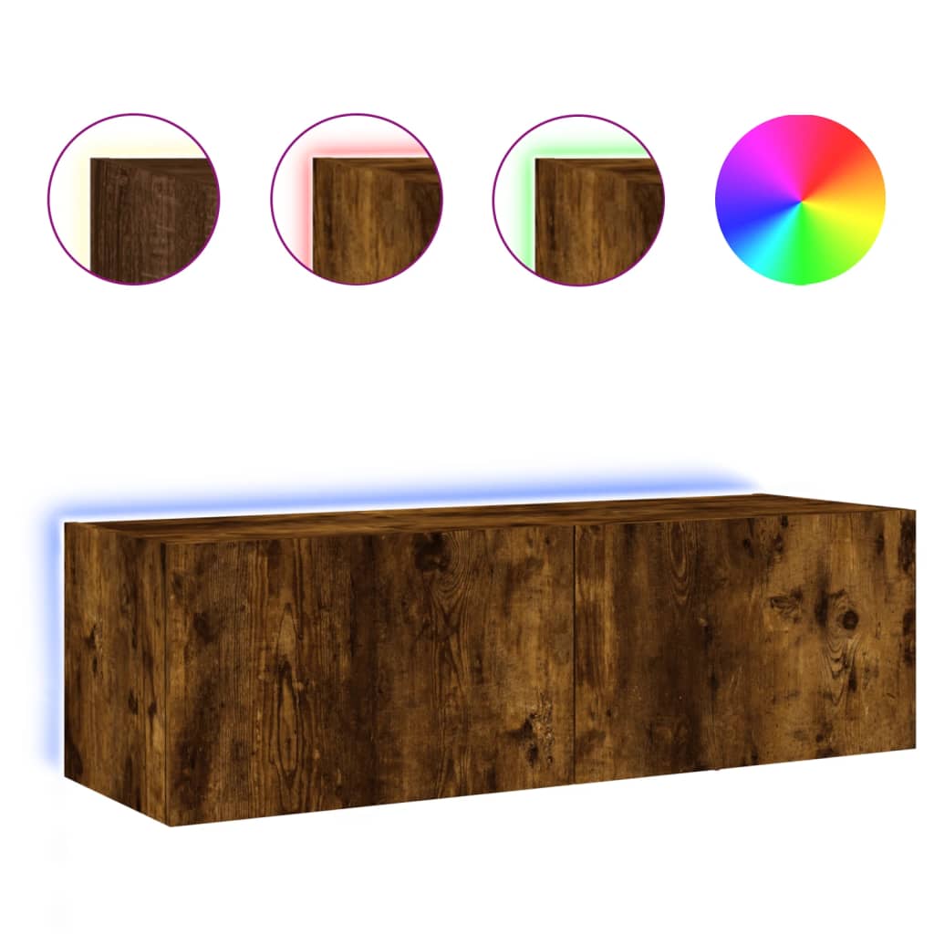 vidaXL TV Wall Cabinet with LED Lights Smoked Oak 100x35x31 cm