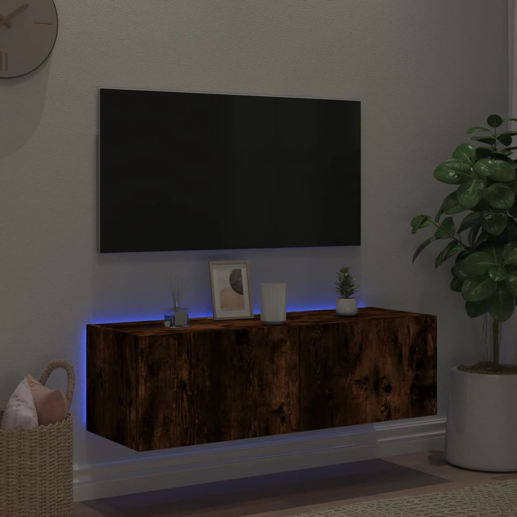 vidaXL TV Wall Cabinet with LED Lights Smoked Oak 100x35x31 cm