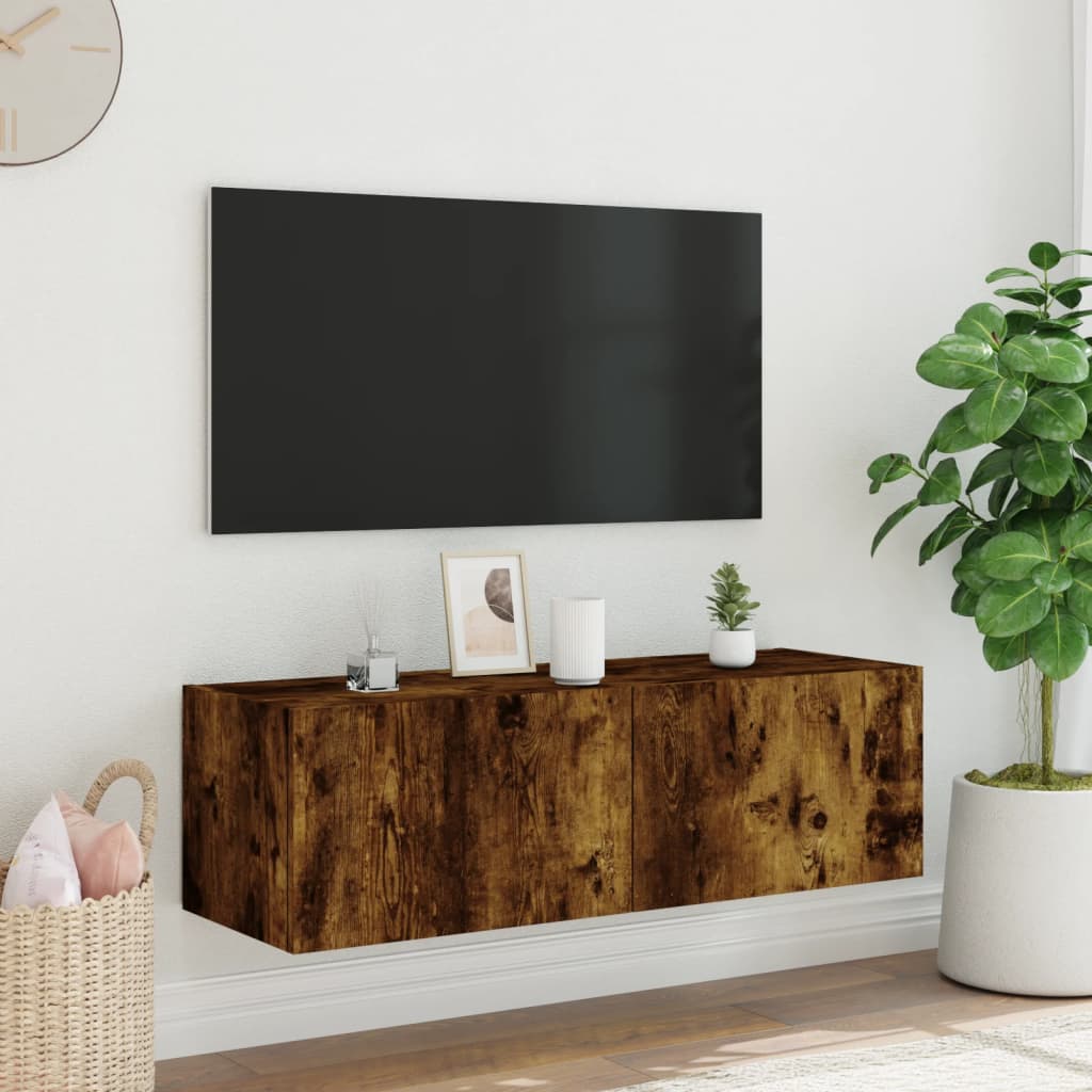 vidaXL TV Wall Cabinet with LED Lights Smoked Oak 100x35x31 cm