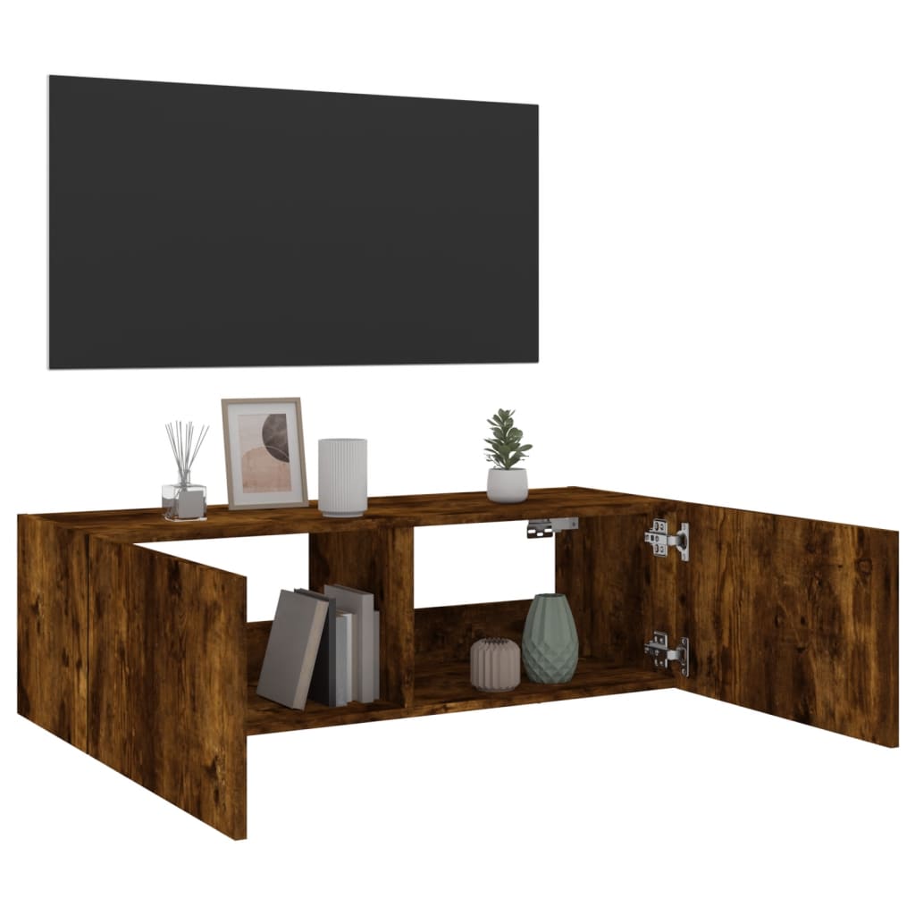 vidaXL TV Wall Cabinet with LED Lights Smoked Oak 100x35x31 cm