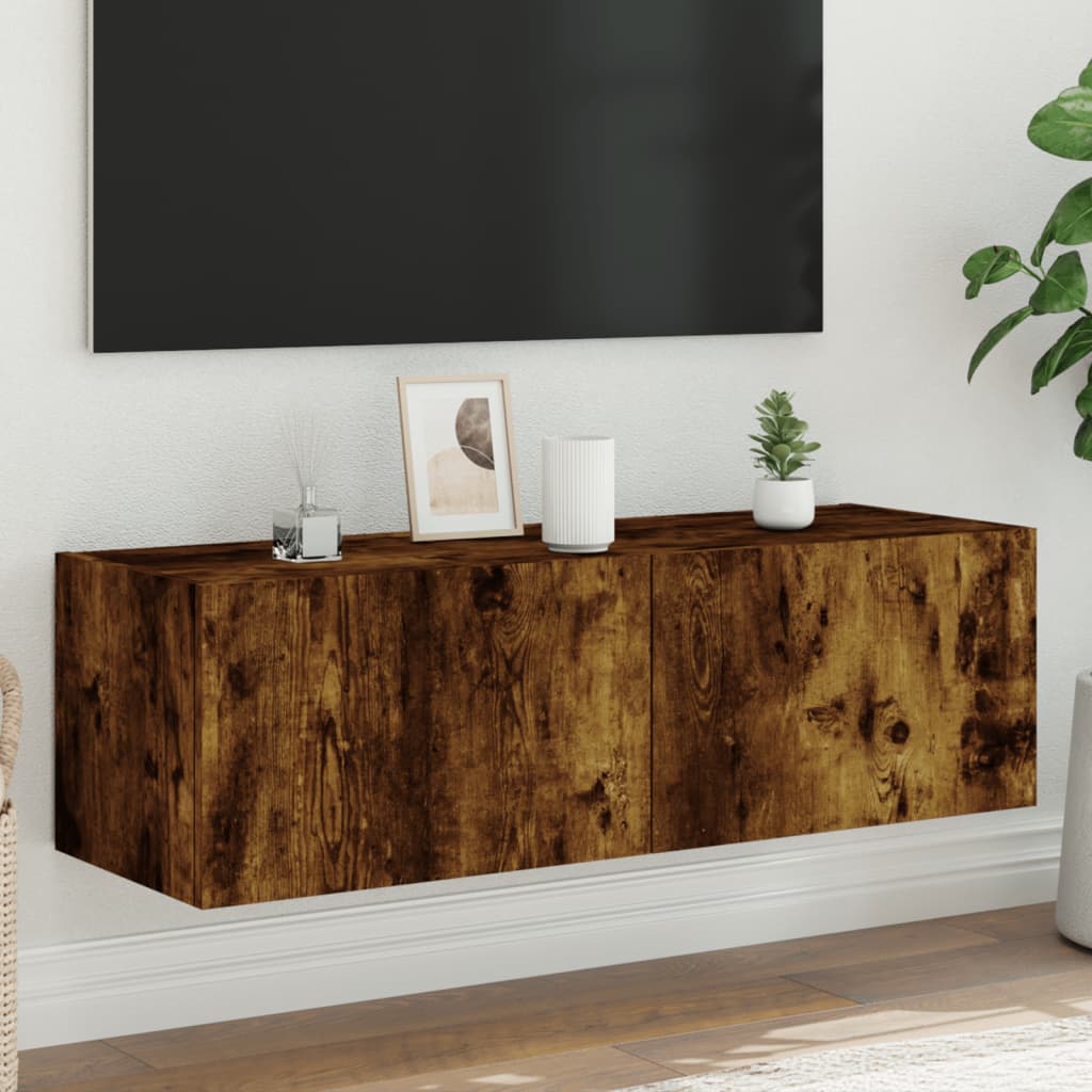 vidaXL TV Wall Cabinet with LED Lights Smoked Oak 100x35x31 cm