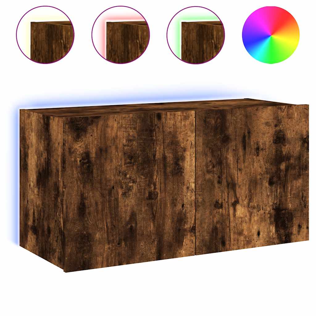 vidaXL TV Wall Cabinet with LED Lights Smoked Oak 80x35x41 cm