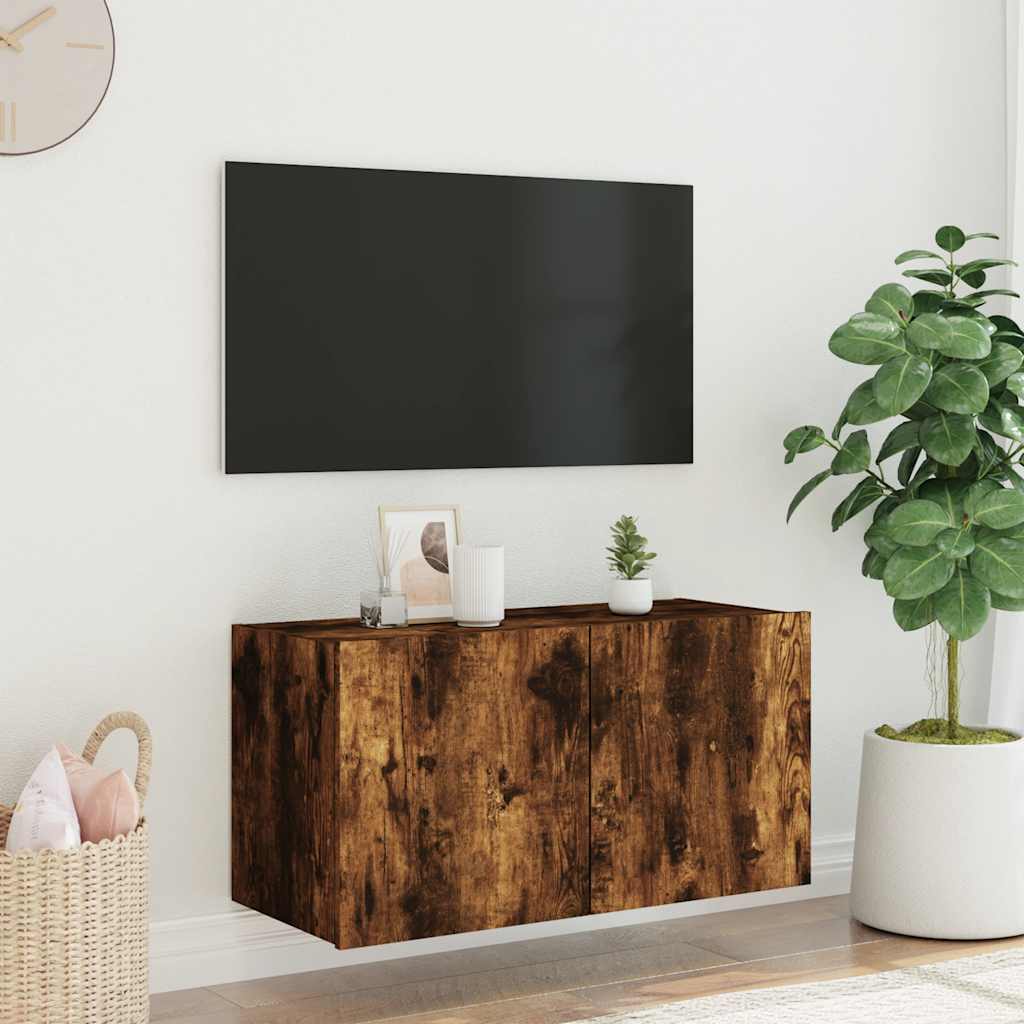 vidaXL TV Wall Cabinet with LED Lights Smoked Oak 80x35x41 cm