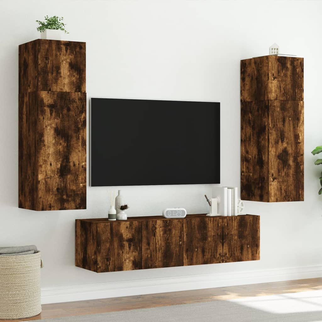 vidaXL TV Wall Cabinet with LED Lights Smoked Oak 80x35x41 cm
