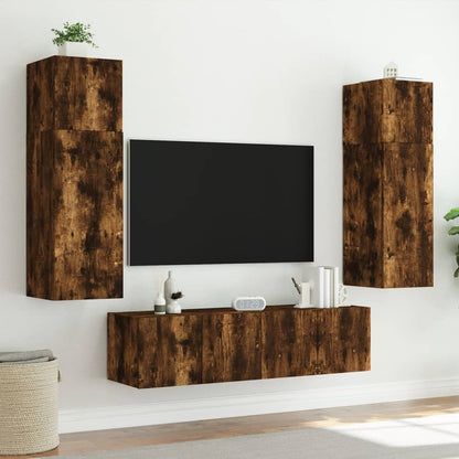 vidaXL TV Wall Cabinet with LED Lights Smoked Oak 80x35x41 cm