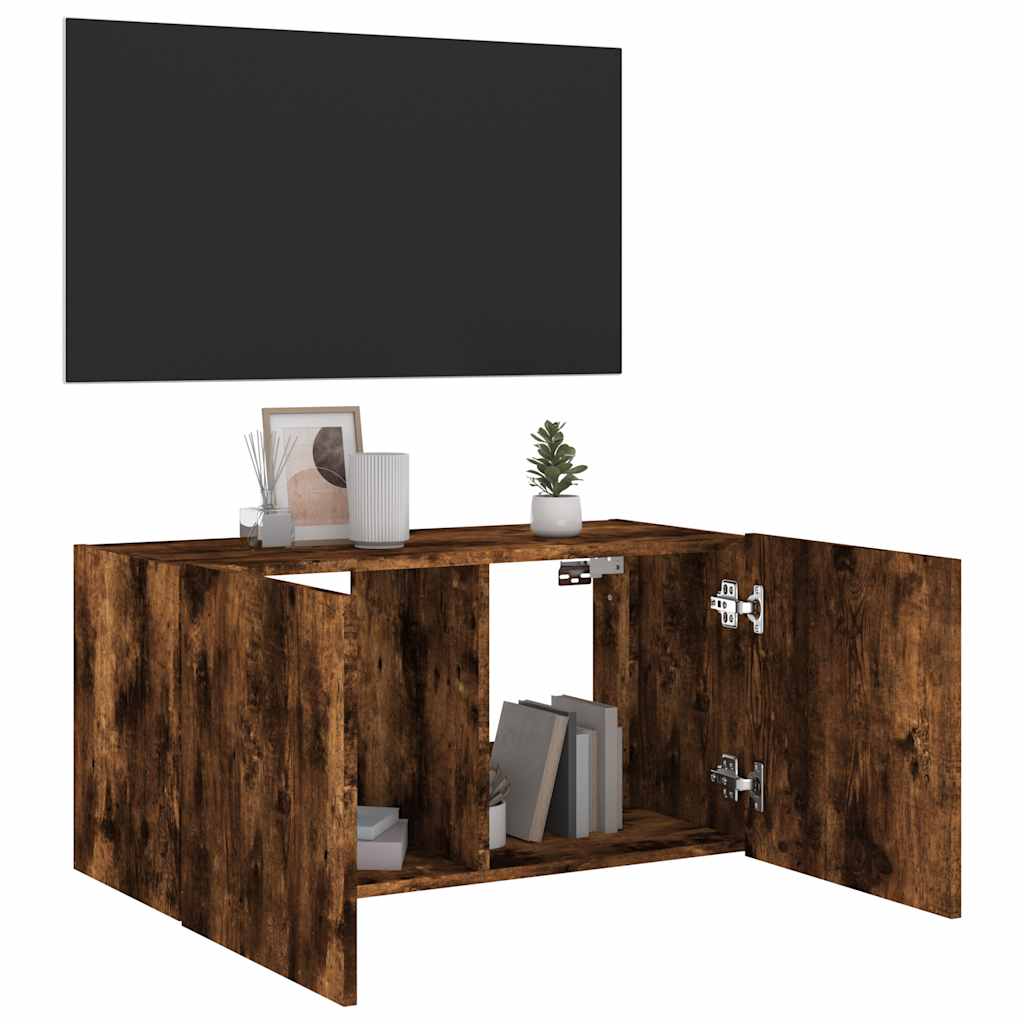 vidaXL TV Wall Cabinet with LED Lights Smoked Oak 80x35x41 cm