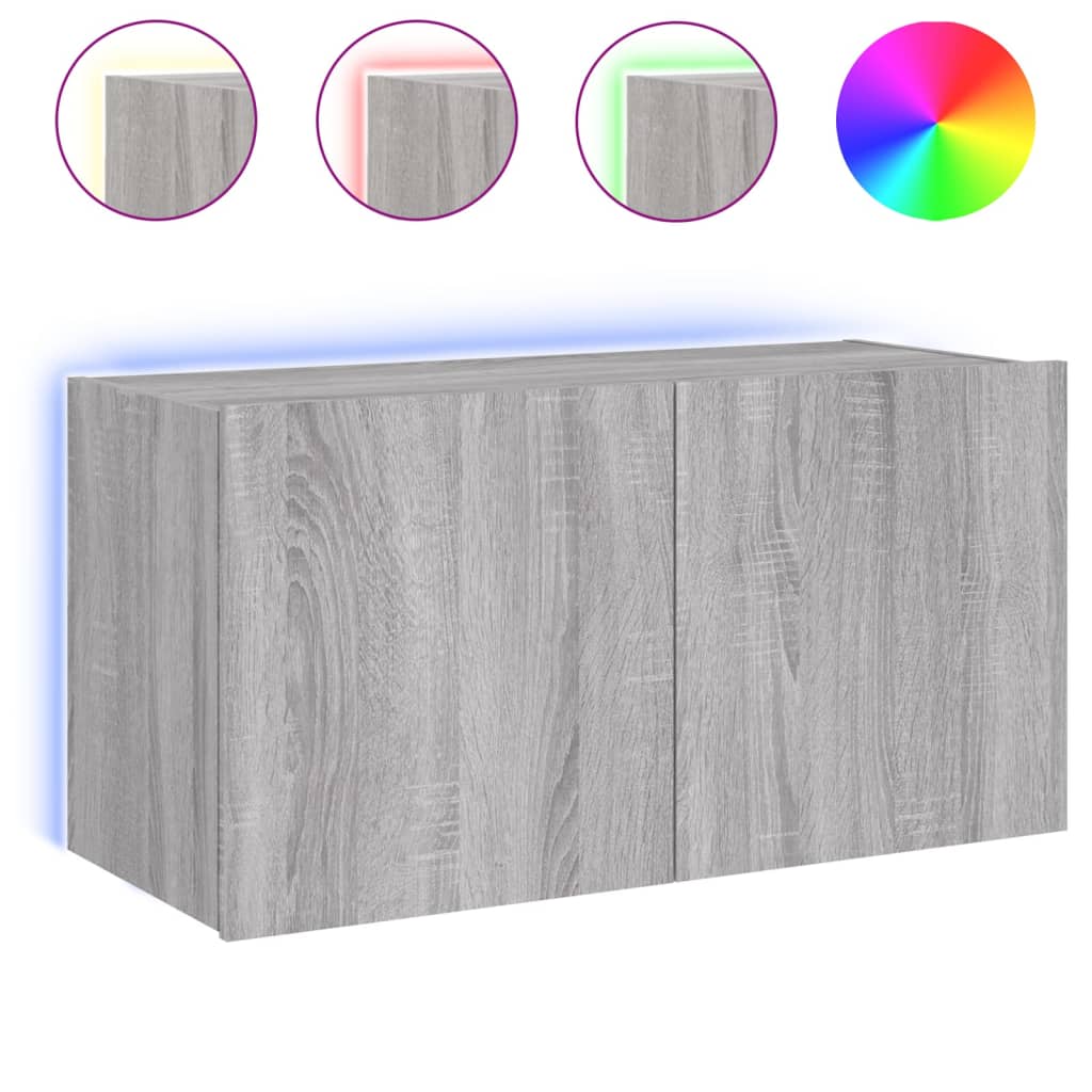 vidaXL TV Wall Cabinet with LED Lights Grey Sonoma 80x35x41 cm