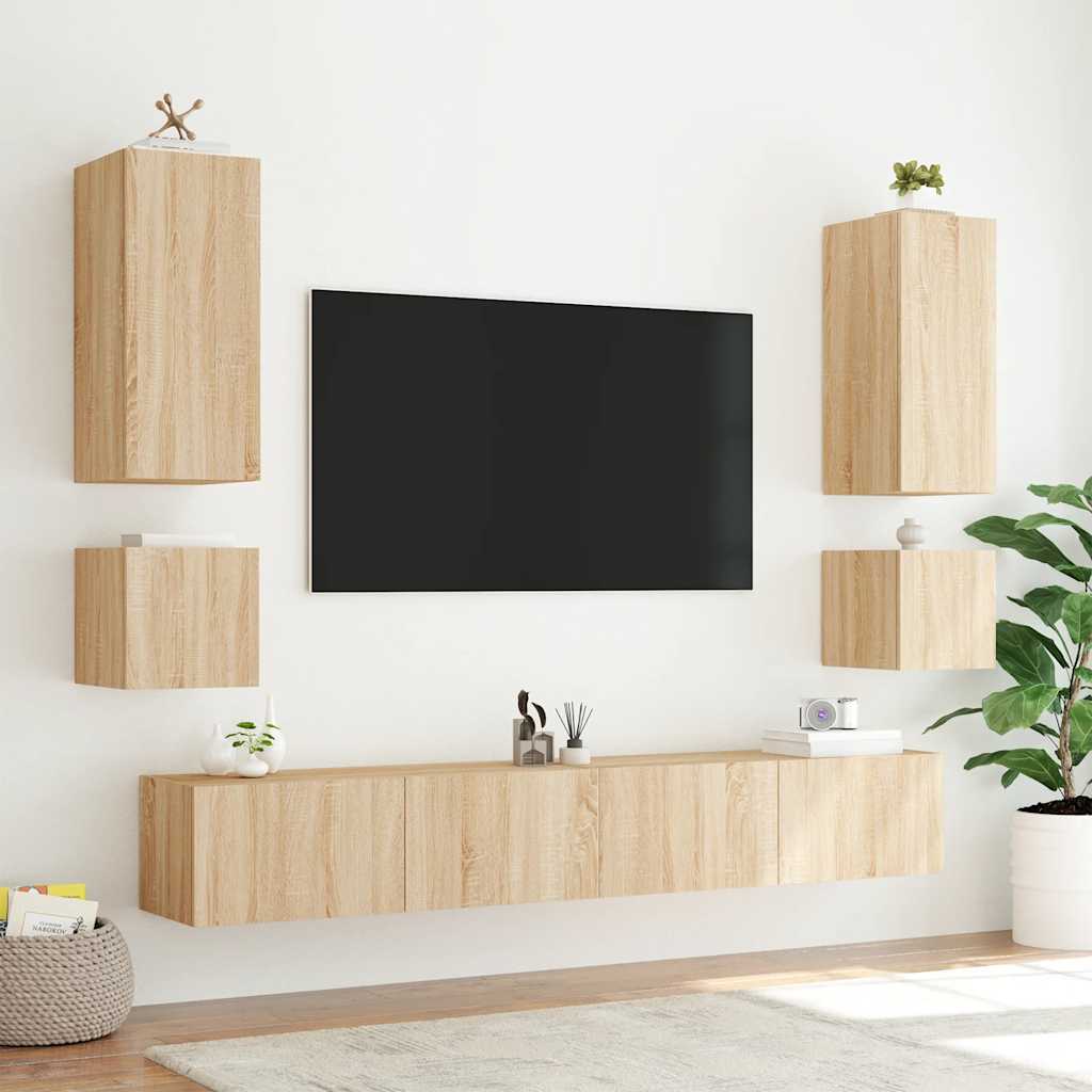 vidaXL TV Wall Cabinet with LED Lights Sonoma Oak 100x35x41 cm