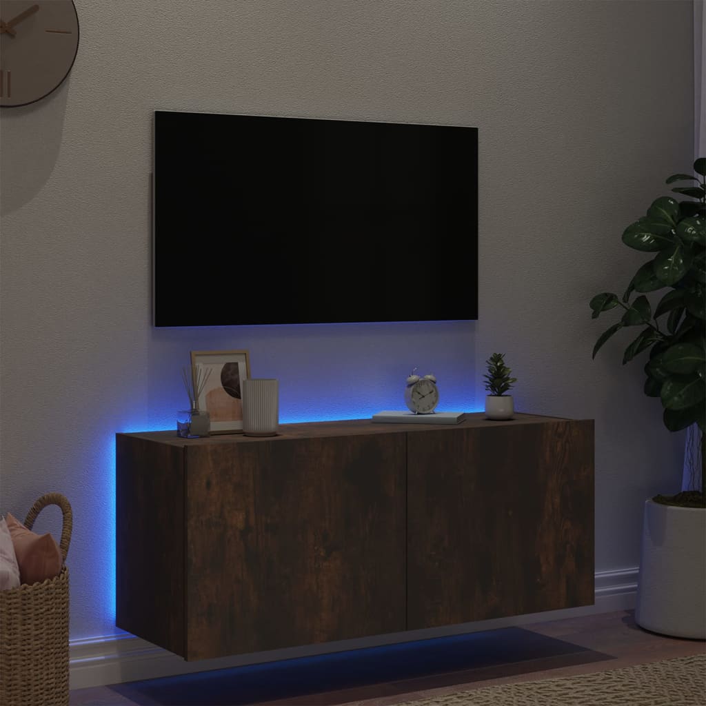 vidaXL TV Wall Cabinet with LED Lights Smoked Oak 100x35x41 cm