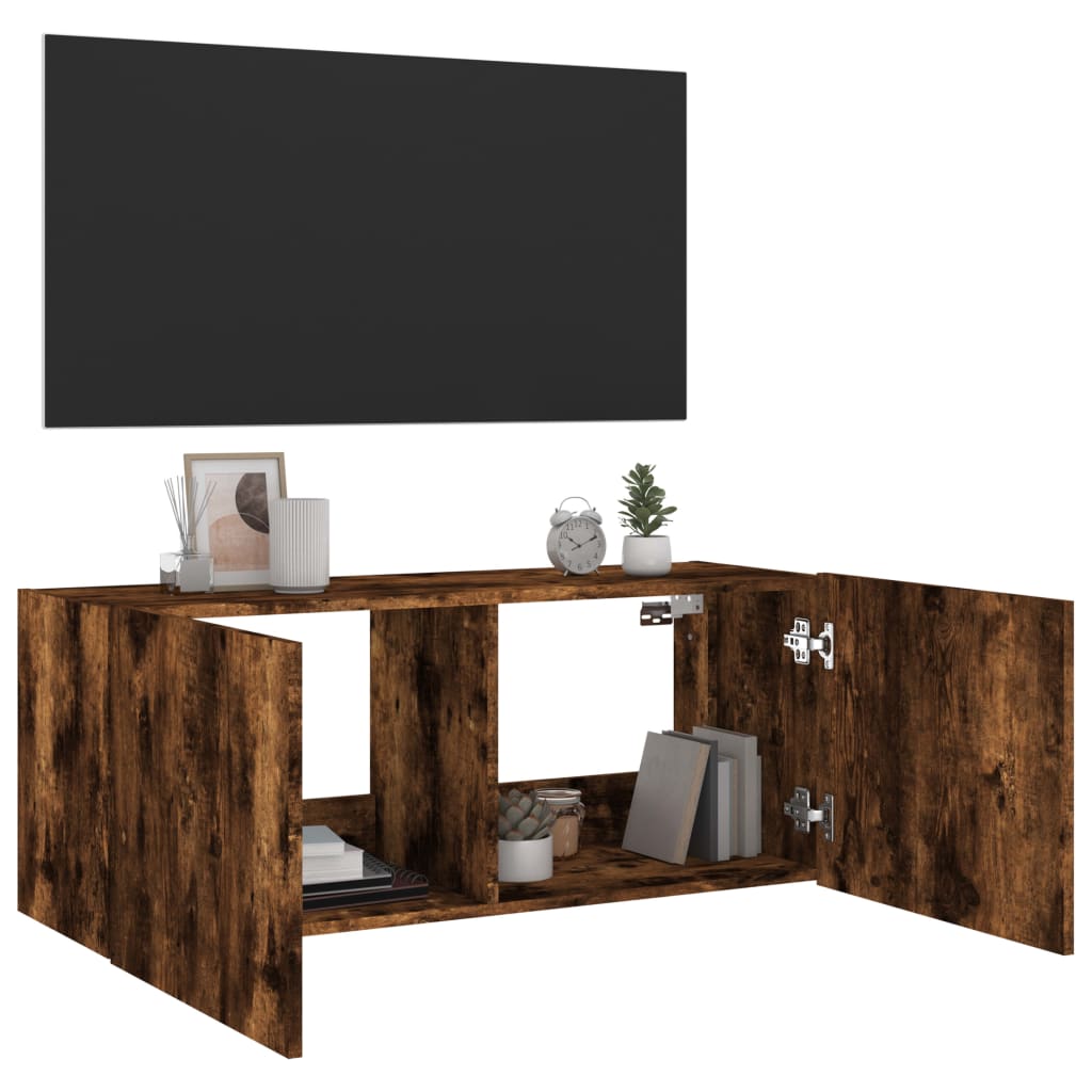 vidaXL TV Wall Cabinet with LED Lights Smoked Oak 100x35x41 cm
