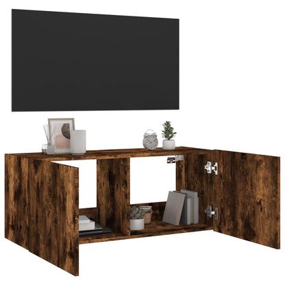 vidaXL TV Wall Cabinet with LED Lights Smoked Oak 100x35x41 cm
