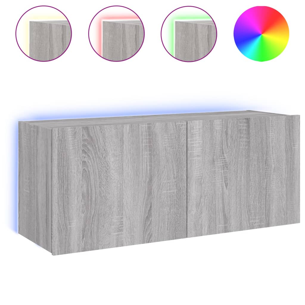 vidaXL TV Wall Cabinet with LED Lights Grey Sonoma 100x35x41 cm