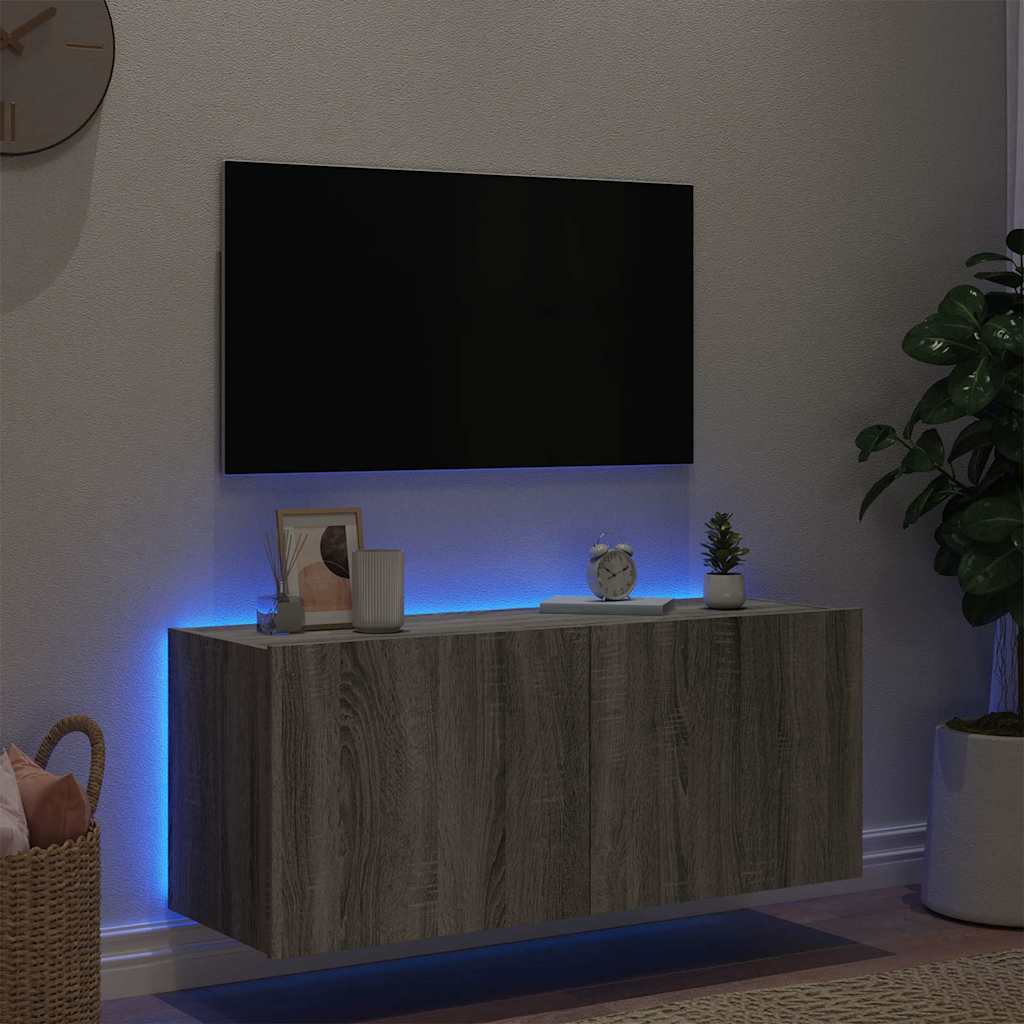 vidaXL TV Wall Cabinet with LED Lights Grey Sonoma 100x35x41 cm