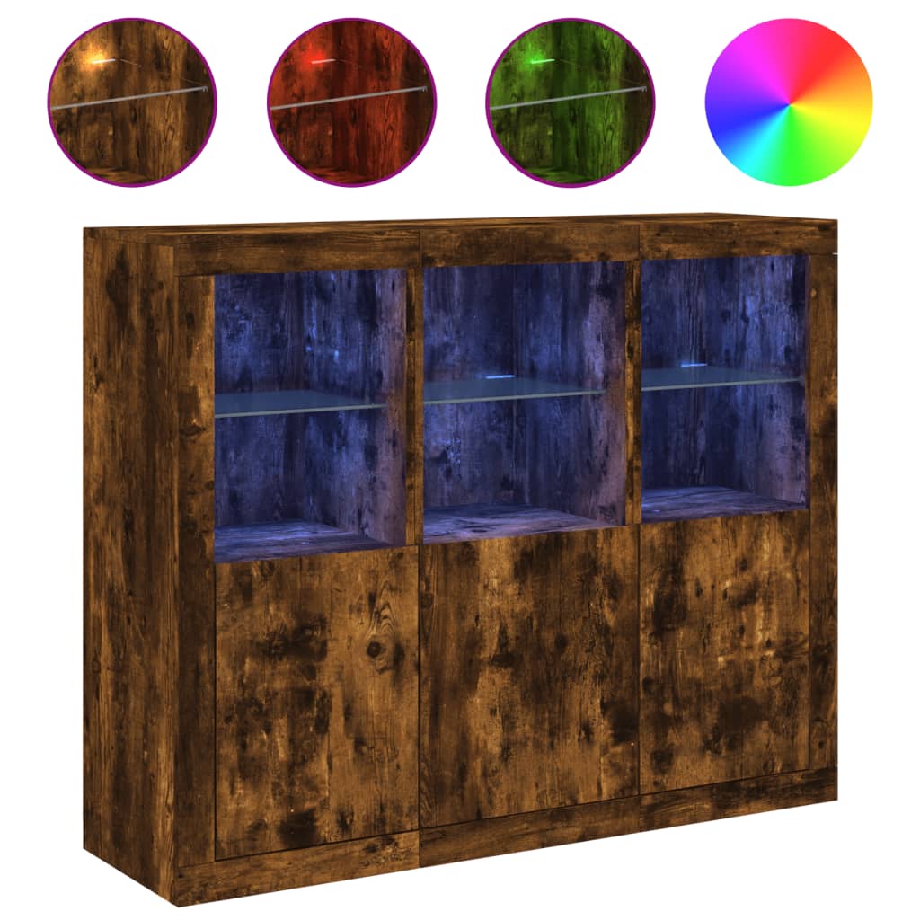vidaXL Sideboards with LED Lights 3 pcs Smoked Oak Engineered Wood