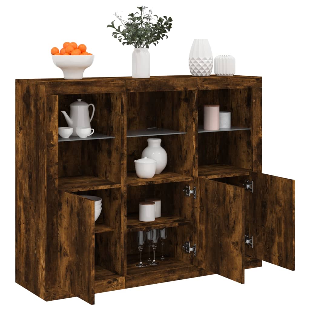 vidaXL Sideboards with LED Lights 3 pcs Smoked Oak Engineered Wood