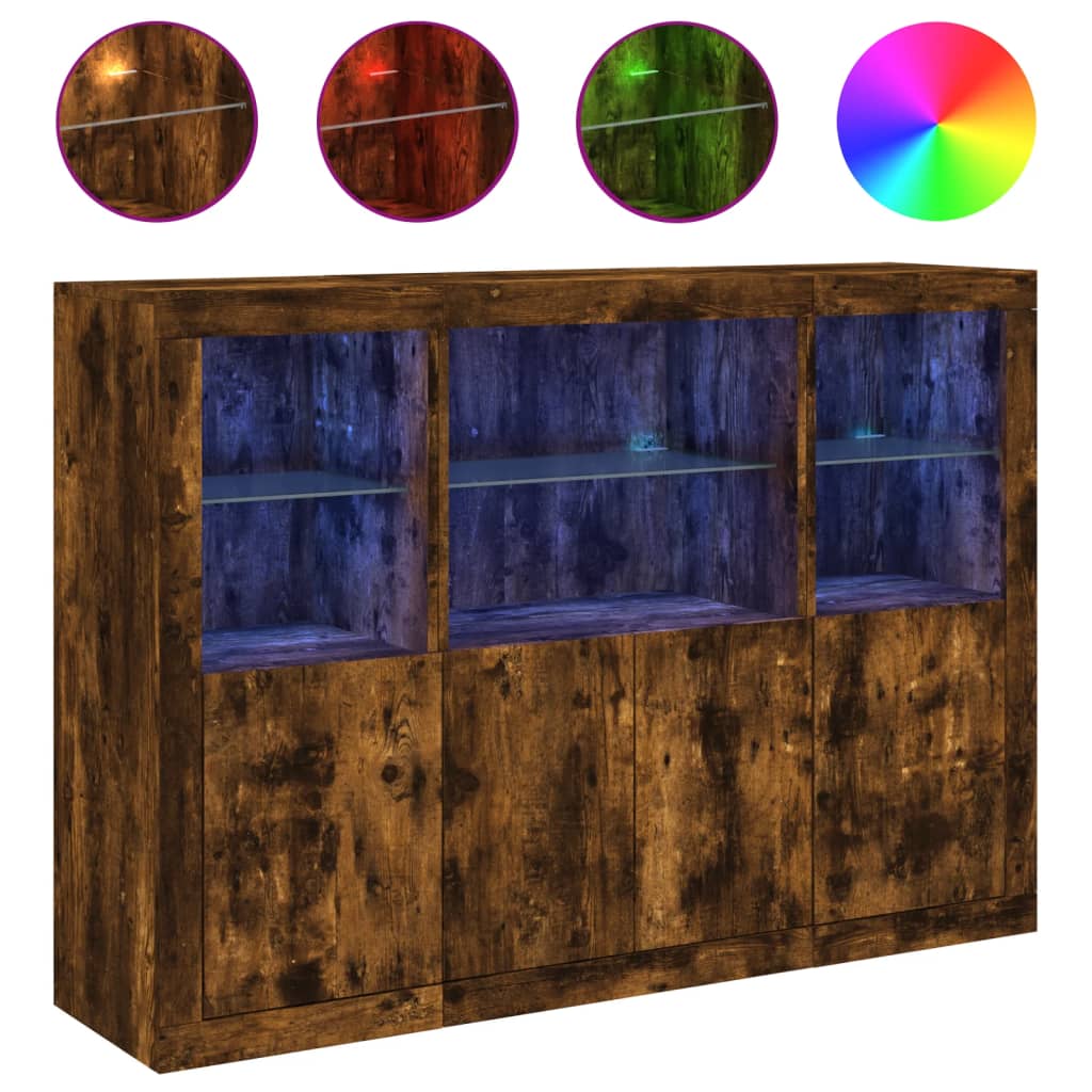 vidaXL Sideboards with LED Lights 3 pcs Smoked Oak Engineered Wood