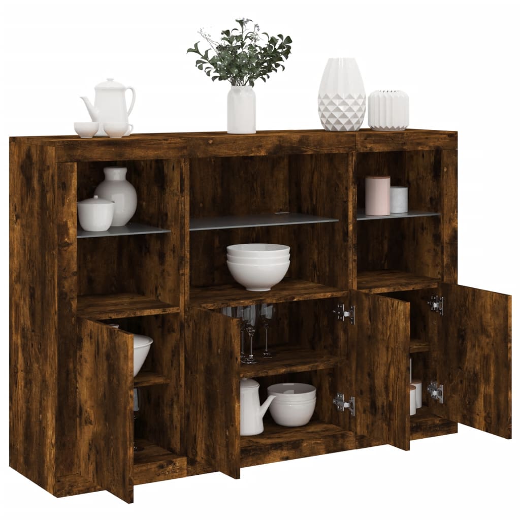 vidaXL Sideboards with LED Lights 3 pcs Smoked Oak Engineered Wood