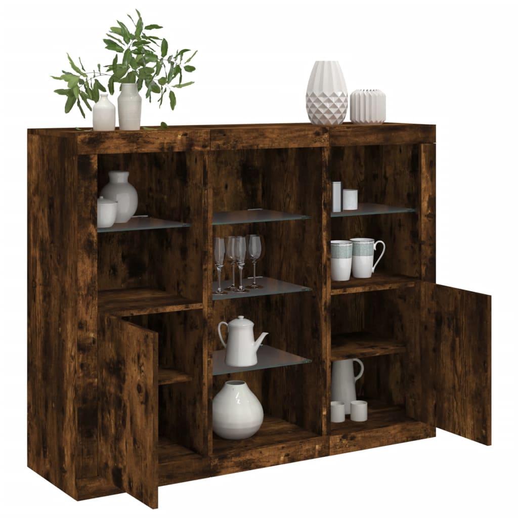 vidaXL Sideboards with LED Lights 3 pcs Smoked Oak Engineered Wood