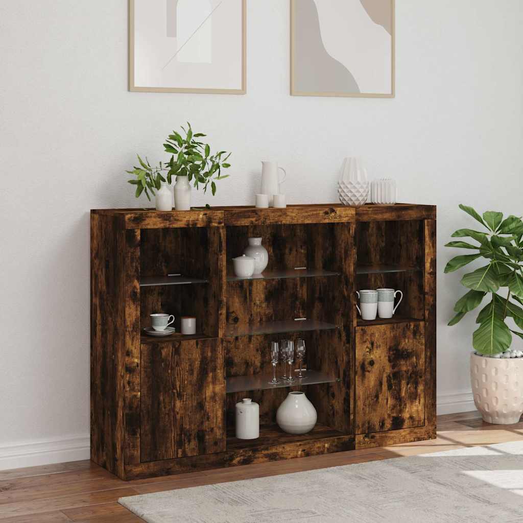 vidaXL Sideboard | Set of 3 | Smoked Oak | Engineered Wood, Glass | Medium