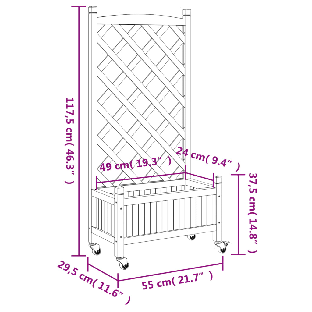 vidaXL Planter with Trellis and Wheels Grey Solid Wood Fir