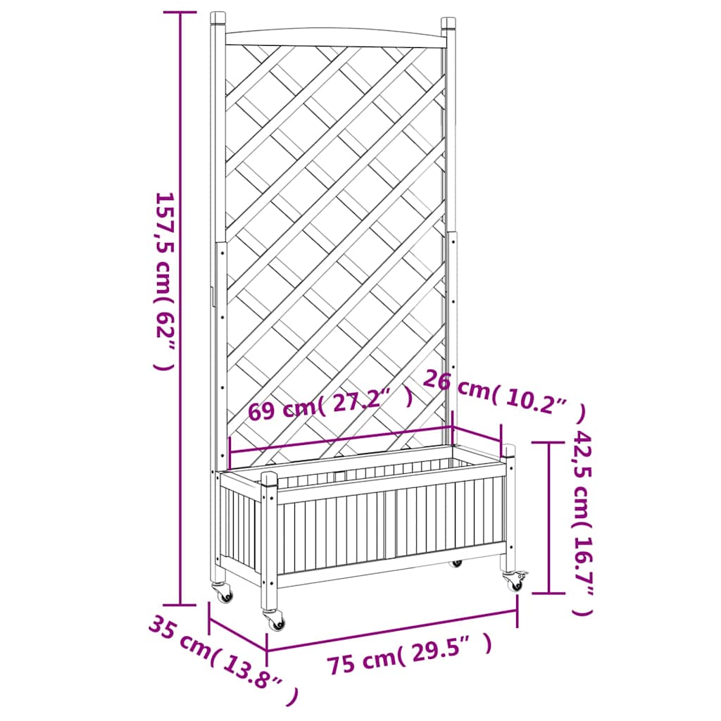 vidaXL Planter with Trellis and Wheels Black Solid Wood Fir
