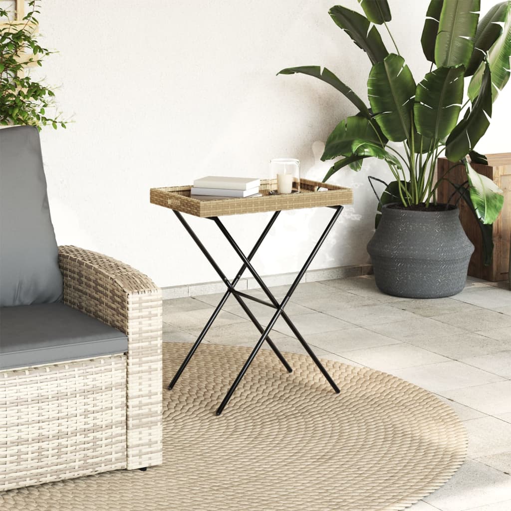 vidaXL Folding Tray Table Beige 65x40x75 cm Poly Rattan