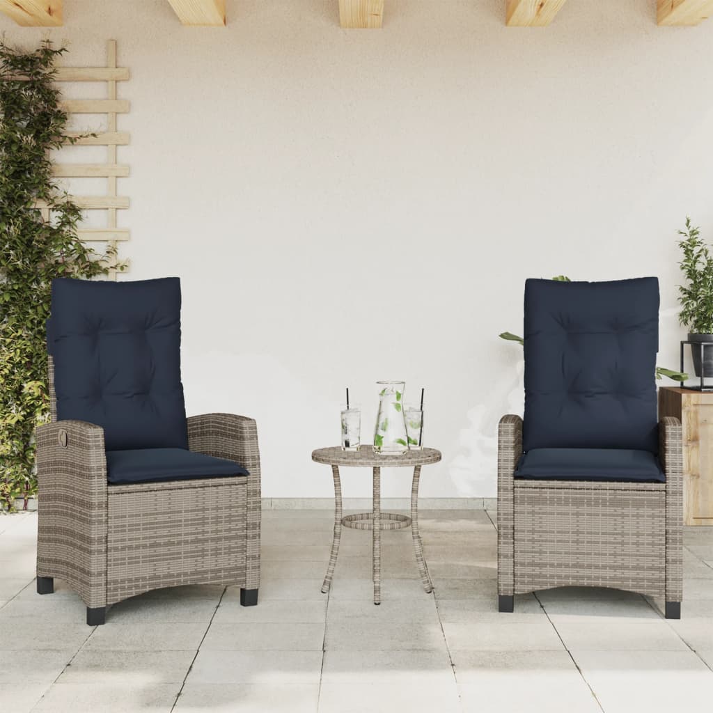 vidaXL 3 Piece Bistro Set with Cushions Grey Poly Rattan