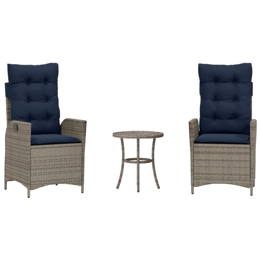vidaXL 3 Piece Bistro Set with Cushions Grey Poly Rattan
