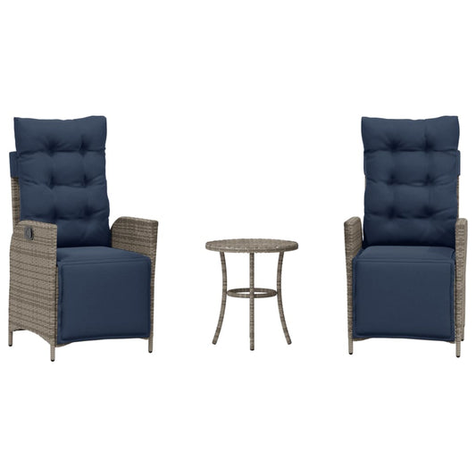 vidaXL 3 Piece Bistro Set with Cushions Grey Poly Rattan