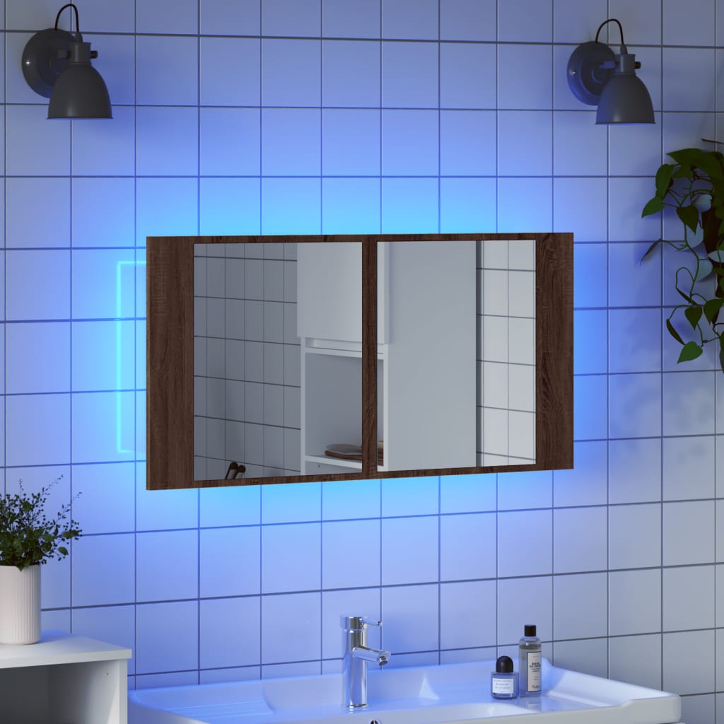 vidaXL LED Bathroom Mirror Cabinet Brown Oak 90x12x45 cm Acrylic