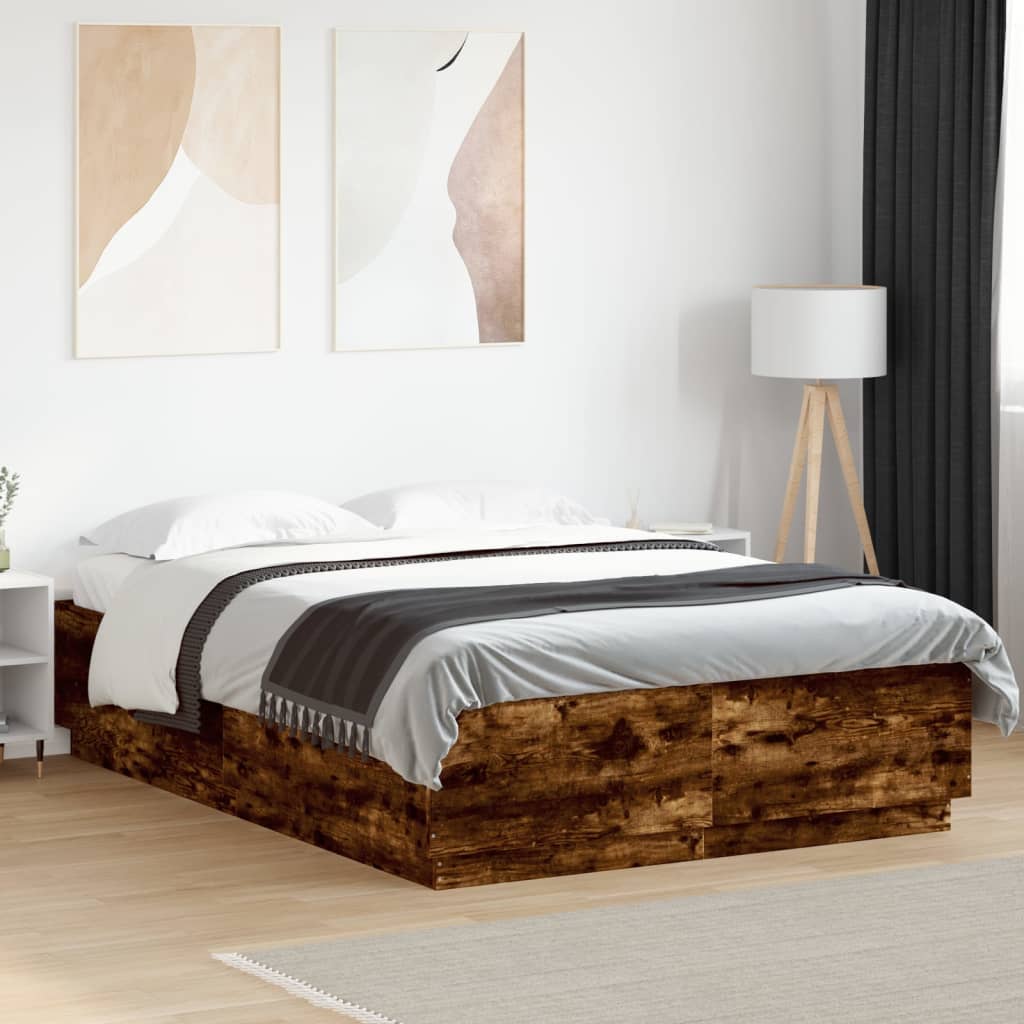 vidaXL Bed Frame with LED without Mattress Smoked Oak 150x200 cm