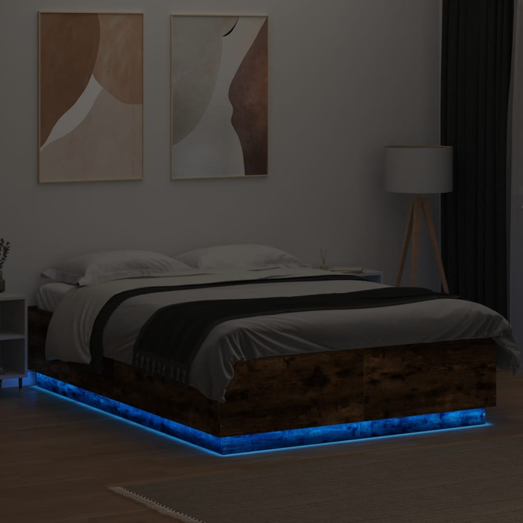 vidaXL Bed Frame with LED without Mattress Smoked Oak 140x200 cm