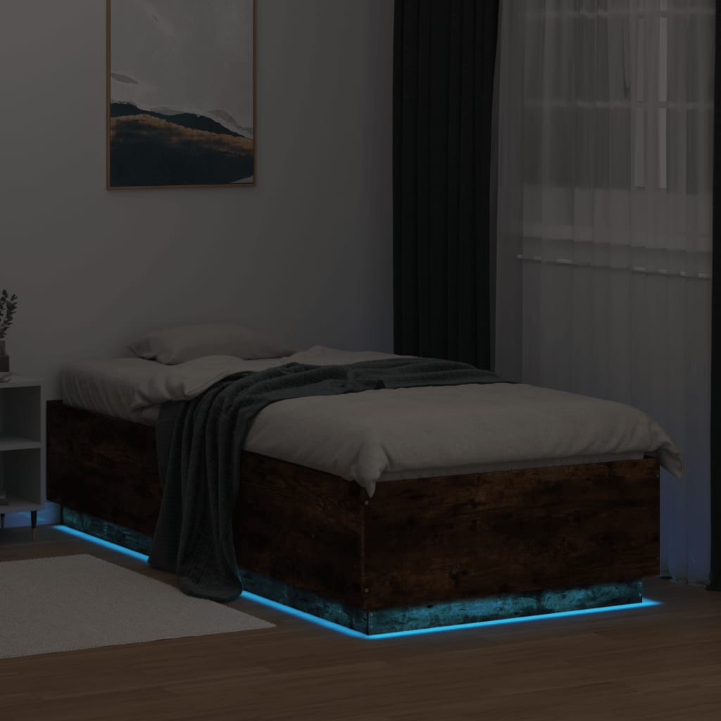 vidaXL Bed Frame with LED without Mattress Smoked Oak 90x200 cm