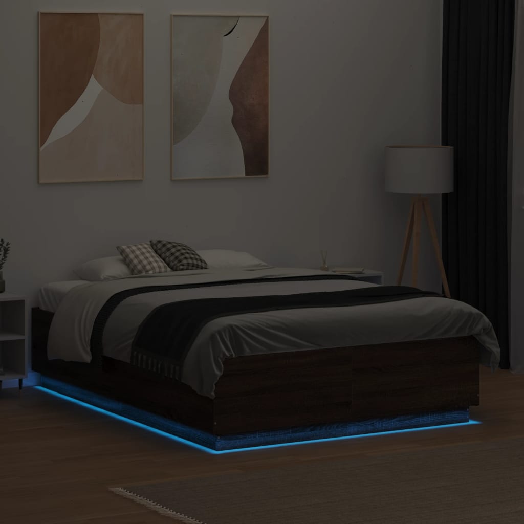 vidaXL Bed Frame with LED without Mattress Brown Oak 135x190 cm Double