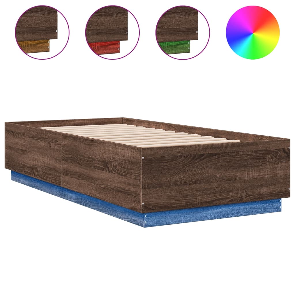 vidaXL Bed Frame with LED without Mattress Brown Oak 90x190 cm Single