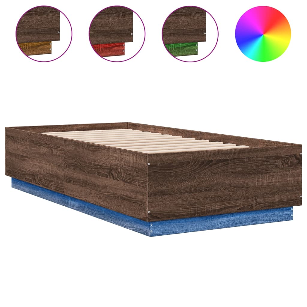vidaXL Bed Frame with LED without Mattress Brown Oak 75x190 cm Small Single