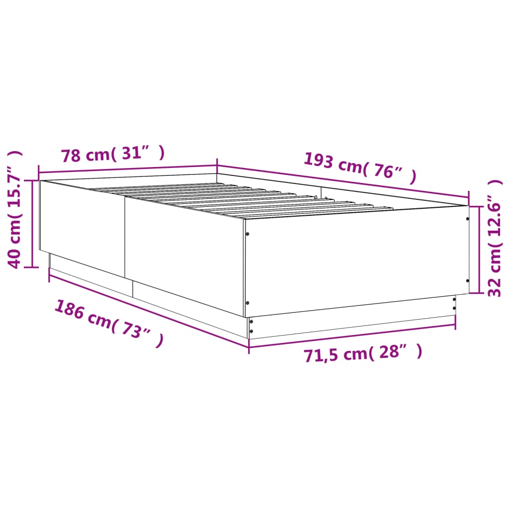 vidaXL Bed Frame without Mattress Grey Sonoma 75x190 cm Small Single