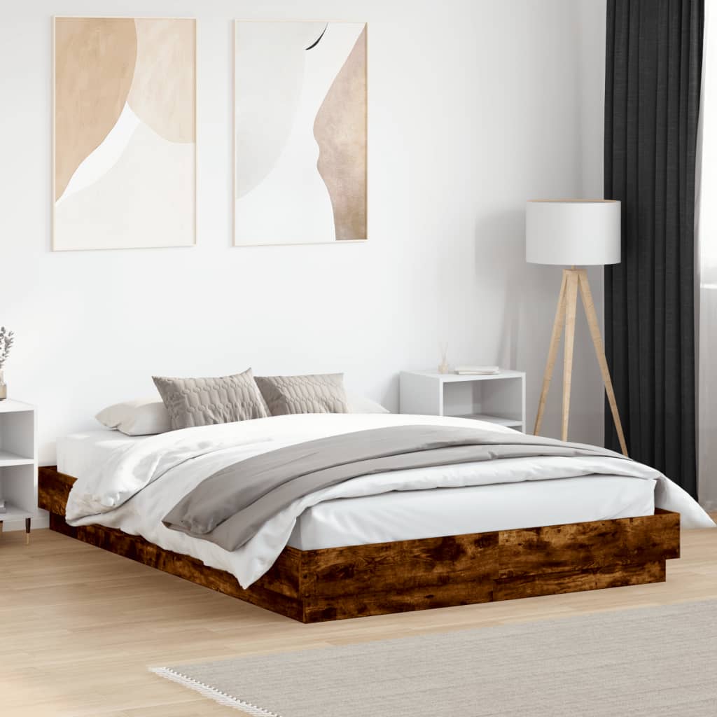 vidaXL Bed Frame with LED without Mattress Smoked Oak 160x200 cm