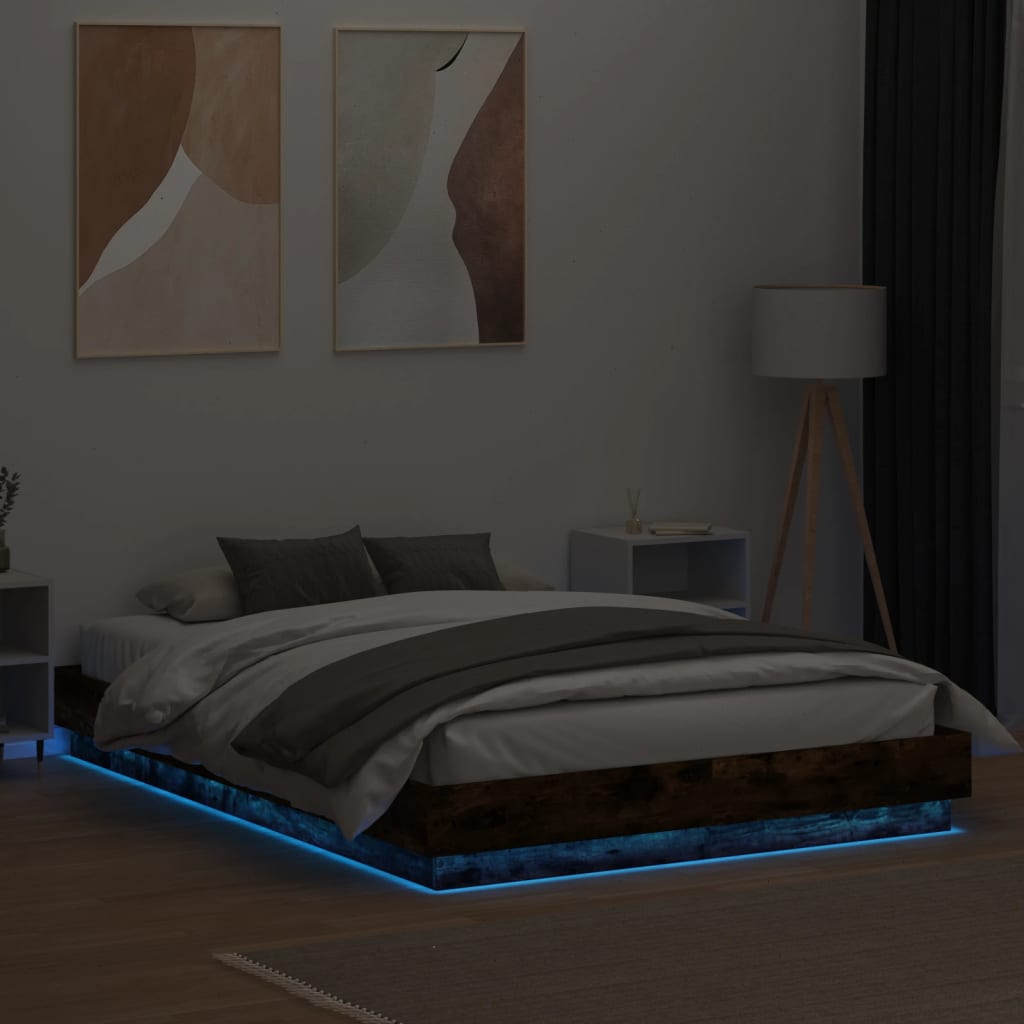 vidaXL Bed Frame with LED without Mattress Smoked Oak 140x200 cm