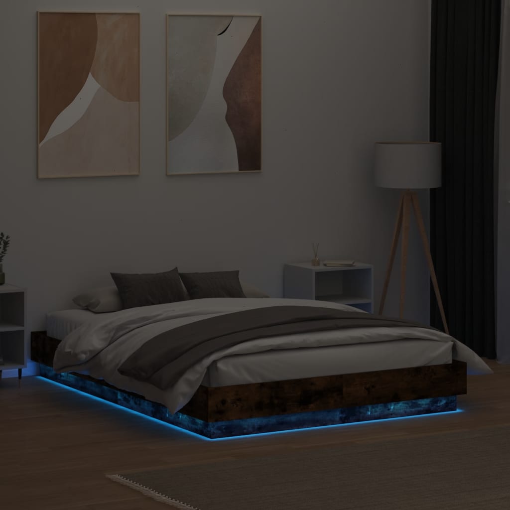 vidaXL Bed Frame with LED without Mattress Smoked Oak 120x190 cm Small Double
