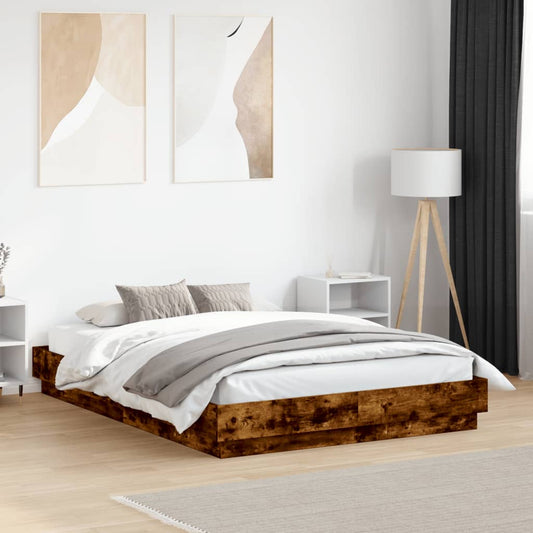 vidaXL Bed Frame with LED without Mattress Smoked Oak 120x190 cm Small Double