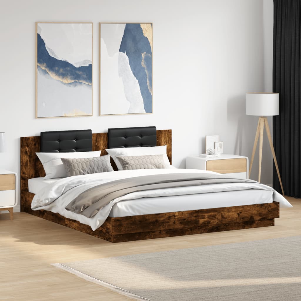 vidaXL Bed Frame with LED without Mattress Smoked Oak 200x200 cm